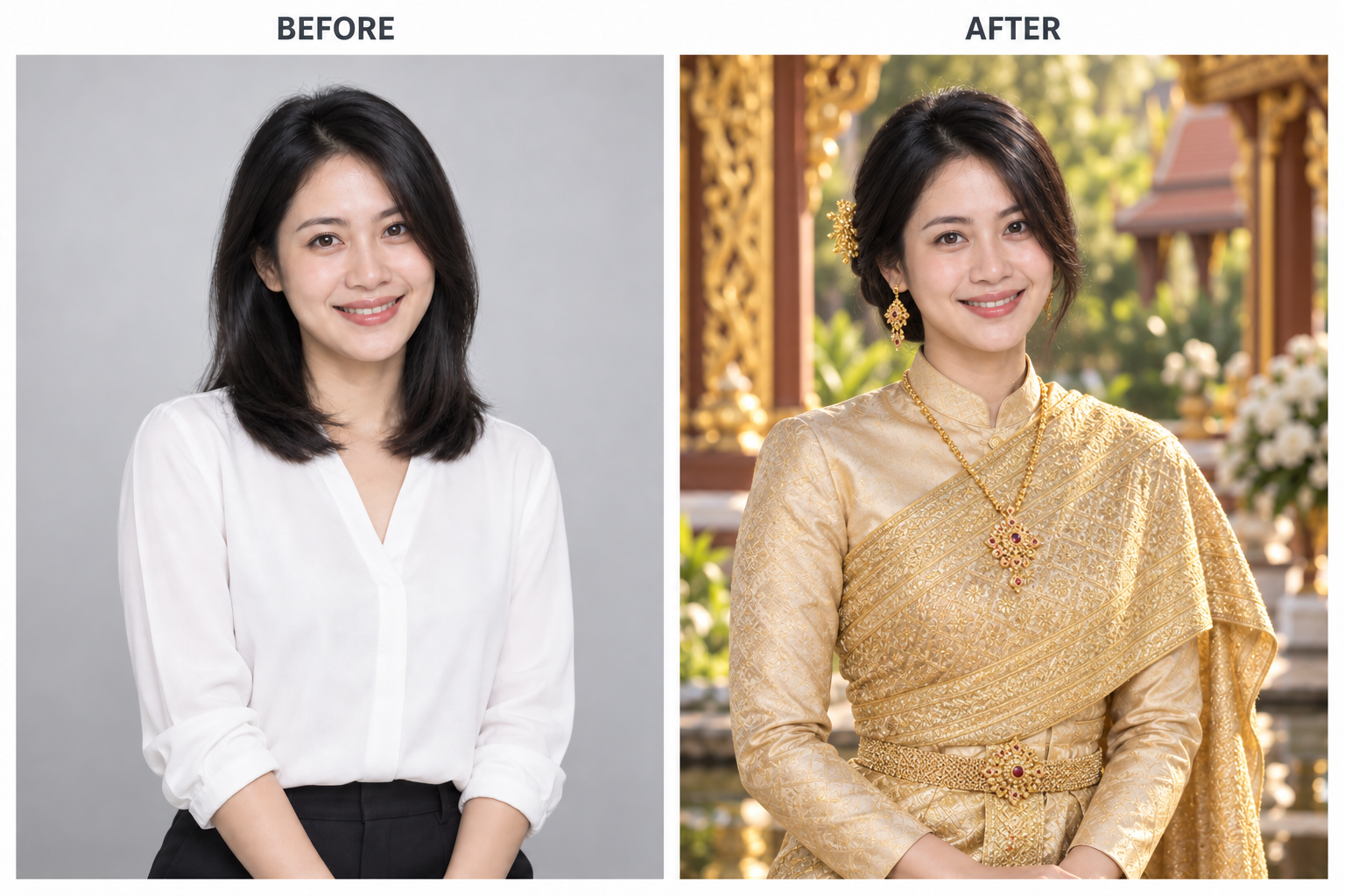 ภาพจำลอง Before และ After: จากชุดทั่วไปเป็นชุดไทยโทนทอง พร้อมฉากสถาปัตยกรรมไทย